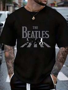 Vintage Beatles Graphic T-Shirt - Black Casual Wear With Crossover Print, Short Sleeve Crew Neck, Machine Washable Regular Fit, All-Season Comfort, Music Fan Clothing| Vintage Graphic T-Shirt| Comfortable Fit, Beatles T-Shirt - 黑色 - 查看 7