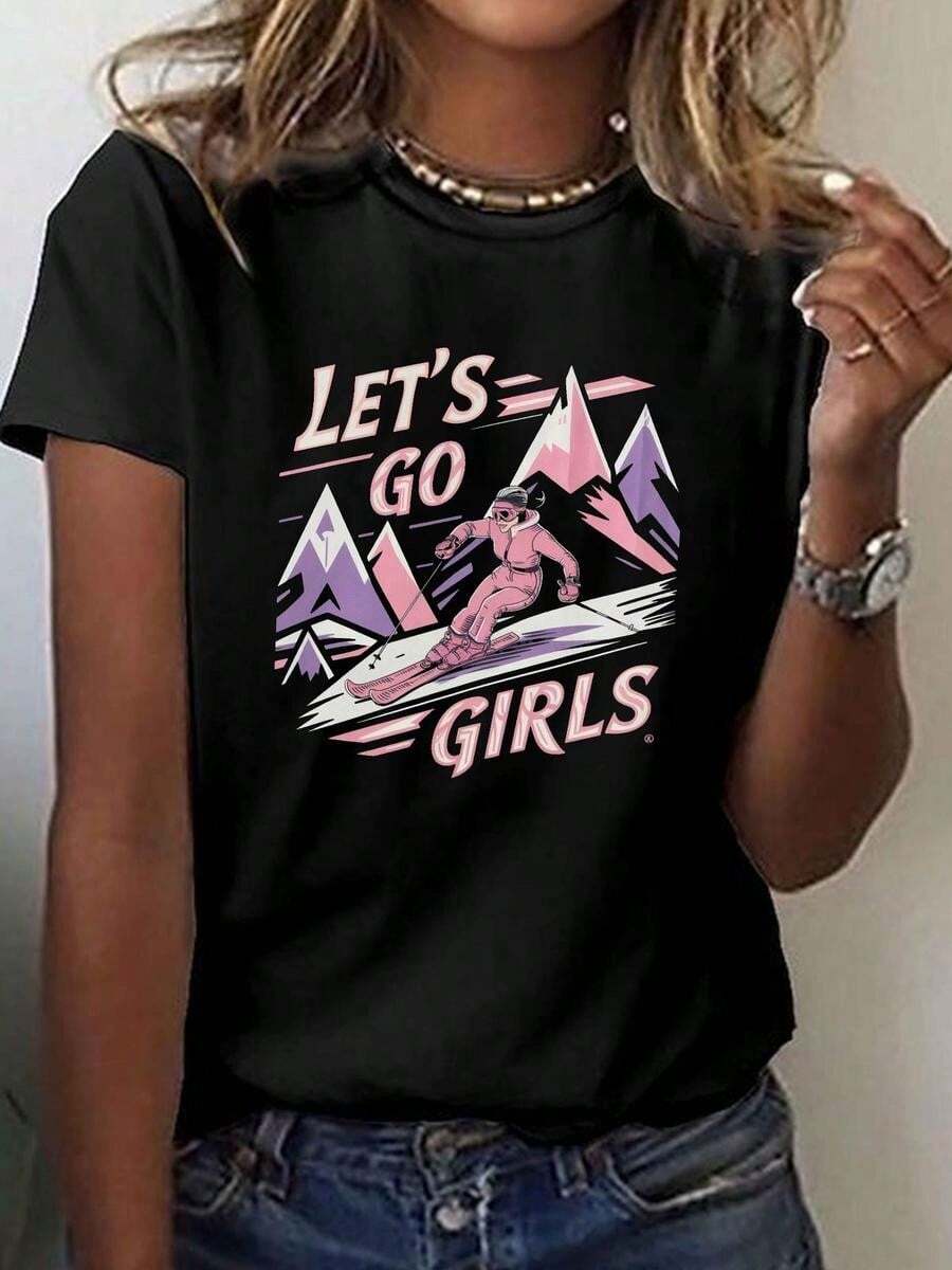 1 pieza, camiseta de manga corta de algodón puro clásica y versátil, adecuada para usar en cualquier estación, con dise?o LET'S GO para mujer, estilo moderno.jpg - Negro - Ver 1