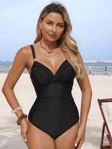 Traje de baño de una pieza con control de abdomen y acolchado, elegante y maduro, para mujer, color negro - Negro - Ver 3
