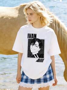 Women's Summer Clothes, Casual Soft Cotton T-Shirt With Round Neck, Cartoon Print With The Letter Ivan. - 白色 - View 1