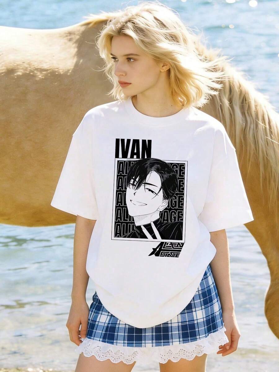 Women's Summer Clothes, Casual Soft Cotton T-Shirt With Round Neck, Cartoon Print With The Letter Ivan. - 白色 - View 1