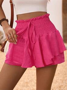Falda Fluida de Cintura Alta con Elástico y Color Sólido para Mujer, Estilo Casual de Verano, Línea A, para Uso Diario y Urbano - Rosa - Ver 4