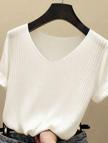 AOSSVIAO 2026 Suéter Básico de Verano para Mujer, Cuello en V, Sólido, Fino, Tejido Acanalado, Manga Corta, Ajustado - BLANCO - Ver 6