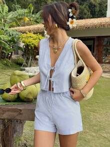 2 piezas Conjunto informal de mujer con top corto de tela tejida con patrón de rayas y shorts sueltos de talle alto - Azul y blanco - Ver 5