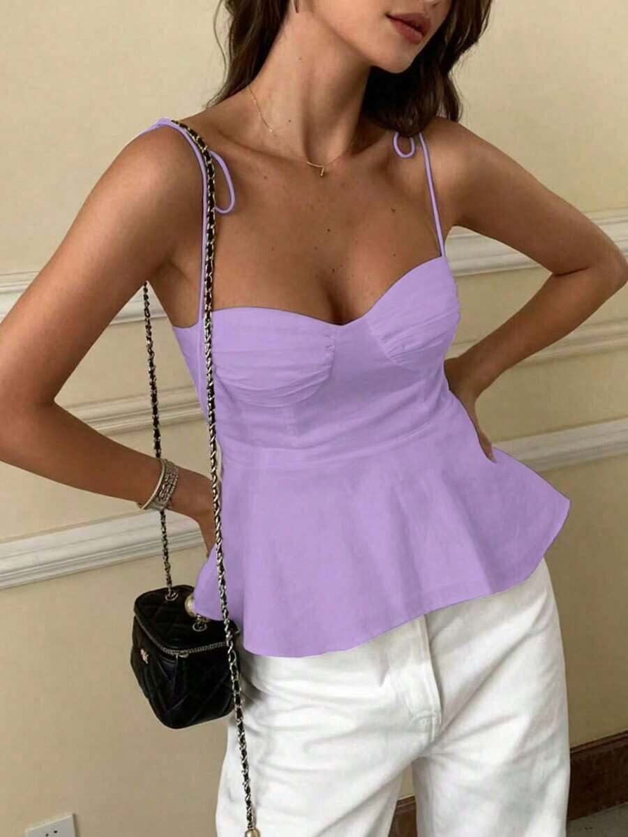 1 pieza Blusa casual sin mangas con volantes en el bajo, Elegante top tubo minimalista francés de color blanco puro, Camiseta sin mangas ajustada para vacaciones y viajes, Ligera camiseta con lazo delantero, Ropa exterior sexy tipo babydoll que acentúa las curvas, Primavera/Verano/Otoño - Lila 22 - Ver 1