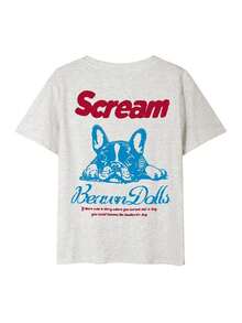 Women's Summer T-Shirt, American Vintage Style, Cream Color, With French Bulldog Print, Loose Fit, Versatile, Short Sleeve, Casual, White - 淺灰色 - 查看 5