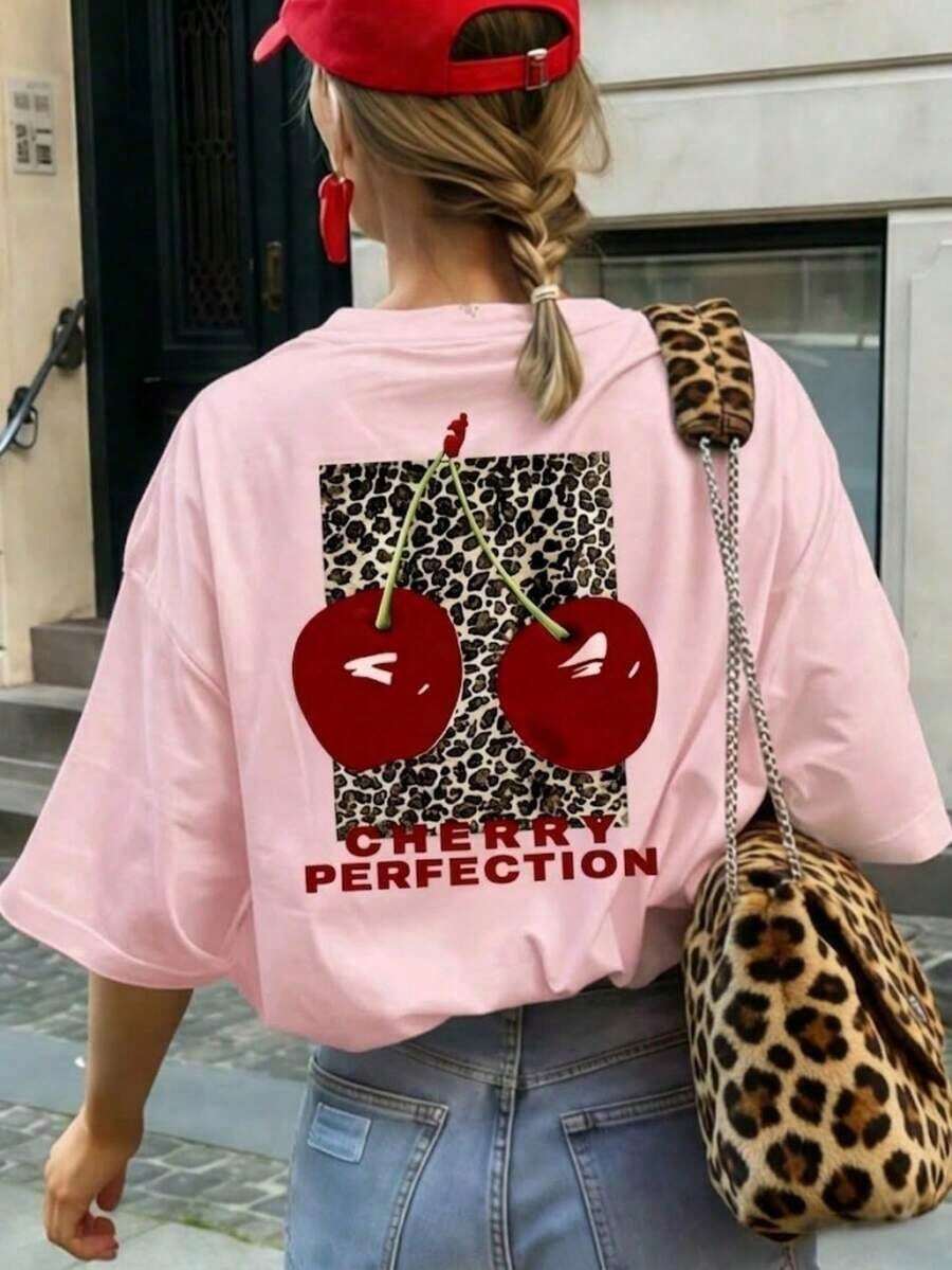 1 Piece Of Women's Summer T-Shirt With Round Neck And Short Sleeves, Leopard Print And Cherry Design, Suitable For Summer, Beach, Street, Daily Wear, Work, Office Party, Going Out, Festival, Music Festival, Valentine's Day, Casual Party, White Color. - 粉色 - 查看 1