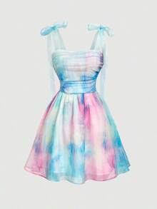 Vestido corto de mujer con estampado de teñido anudado, hombros fruncidos y diseño de nudo a la moda - Multicolor - Ver 2