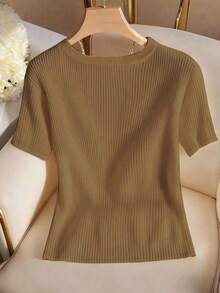 Camiseta de mujer elegante y casual de cuello en V y manga corta - Marrón - Ver 2