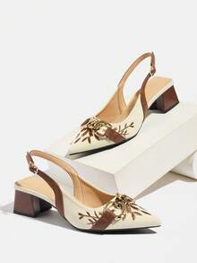 Sandalias de tacón alto con punta fina y cadena para mujer, adecuadas para primavera y verano, gruesas, elegantes para fiestas y ocasiones formales - Marrón - Ver 6