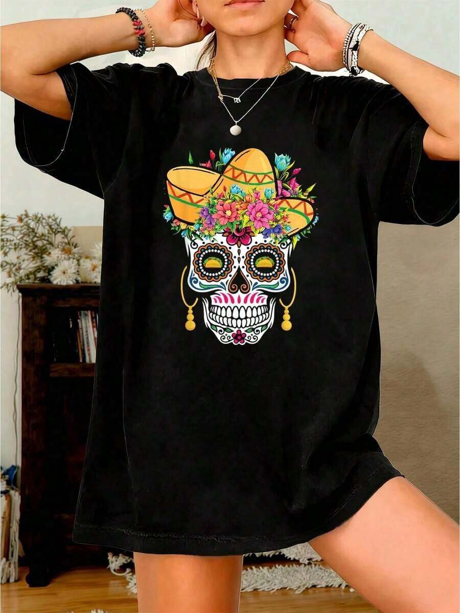 Camiseta con diseño de tacos del Día de los Muertos y Feliz Cinco de Mayo - camisetas gráficas para mujer, tops cortos, ropa de otoño para mujer, conjuntos de ropa de otoño para mujer, tops para mujer - Camiseta - Negro - Ver 1