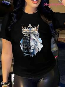 Mgy Mujer Camiseta de  suave  suelto ajuste con gráfico de corona de león, manga corta, cuello redondo, lavable en máquina, ideal para todas las estaciones - blanco - Ver 2