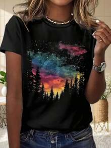 Camiseta de talla grande con estampado gráfico, manga corta y cuello redondo, top casual para verano y primavera, ropa de mujer de talla grande - Negro - Ver 6