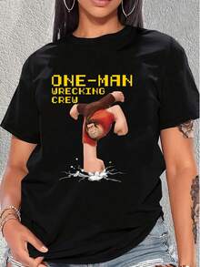 Imagen de un personaje fuerte rompiendo el suelo que simboliza energía y determinación con el texto ONEMAN WRECKING CREW en estilo de videojuego clásico ideal para mujeres que aman la actitud valiente camiseta de mujer  casual cómoda para diario - Negro - Ver 6