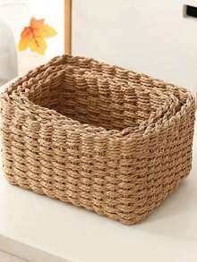 3 piezas/1 pieza Cestas de almacenamiento beige tejidas a mano, adecuadas para baño, dormitorio, sala de estar, oficina | Papelera decorativa de mimbre, aplicable para estantes, despensa, cajones | Solución organizadora y ahorradora de espacio de múltiples usos | Idea de regalo, cesta organizadora - Camel - Ver 21