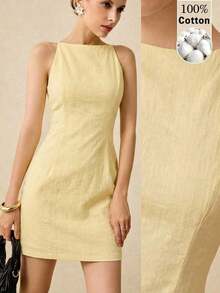 Vestido corto sin mangas de unicolor elegante para mujer, vestido formal, vestido de novia, vestido blanco de graduación, vestido informal para la oficina - Amarillo - Ver 1