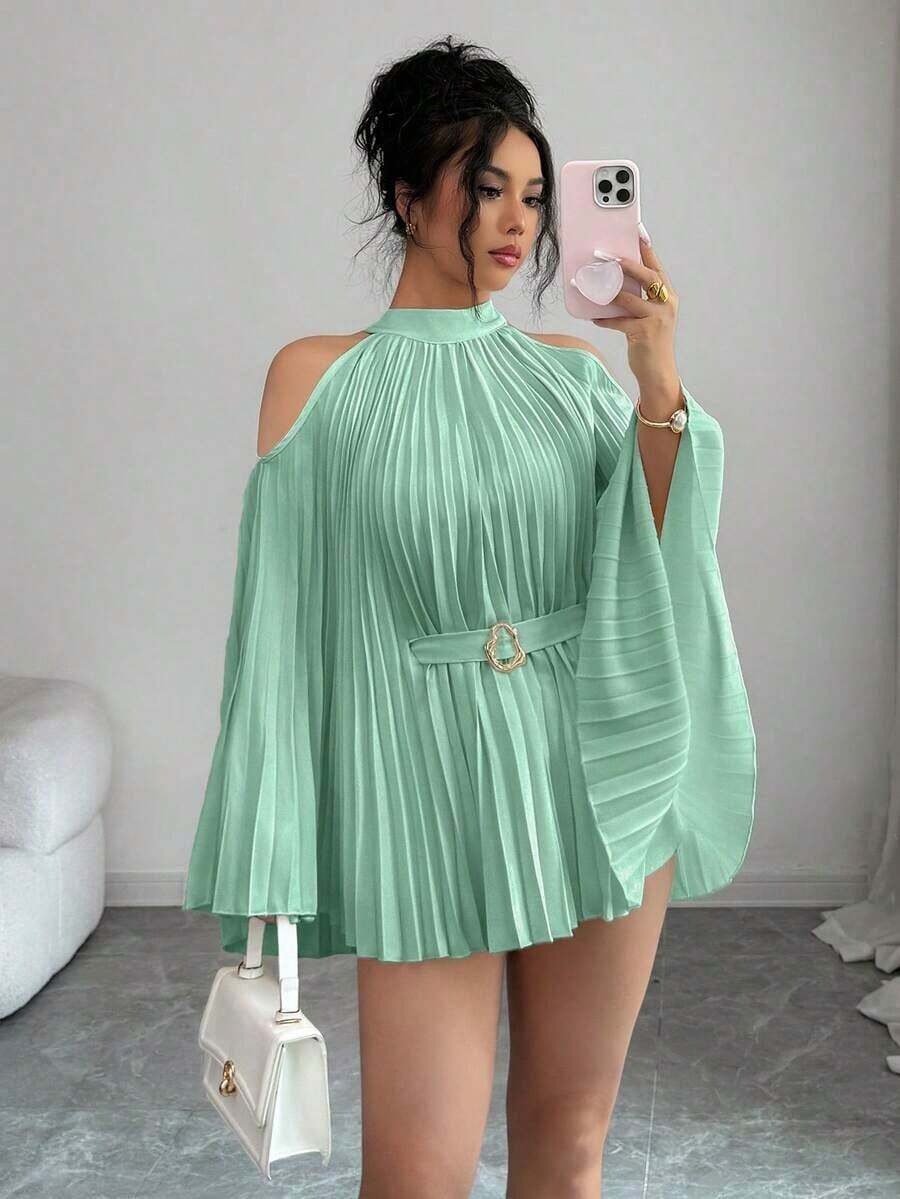 Elenzya Elegante camisa/blusa de mujer con mangas acampanadas y cintura ceñida para vacaciones - Verde - Ver 1