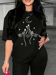 Camiseta estampada de moda informal, versátil, transpirable, de gran tamaño para mujer. - Negro - Ver 1