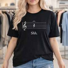 Plus Size Cotton T-Shirt For Women, With Musical Note Print, Short Sleeve, Loose Fit, Casual Top, Round Neck, Basic T-Shirt, Sizes M-5XL, Soft And Breathable Fabric, Shh Graphic Print T-Shirt For Curvy Ladies, Suitable For Spring, Summer And Autumn. - Black - View 7