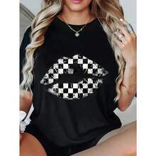 Women's Short-Sleeved Cotton T-Shirt With Black And White Plaid Lip Print, Casual Summer Top With Round Neck, Soft And Breathable, Streetwear, Fashionable T-Shirts,  T-Shirts, Comfortable T-Shirt. - 黑色 - 查看 4