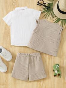 3pcs Casual Minimalist Fashion White Woven Short Sleeve Top, Dinosaur Print Sleeveless Vest, And Brown Shorts Set, Summer Outfit - Multicolor - View 2