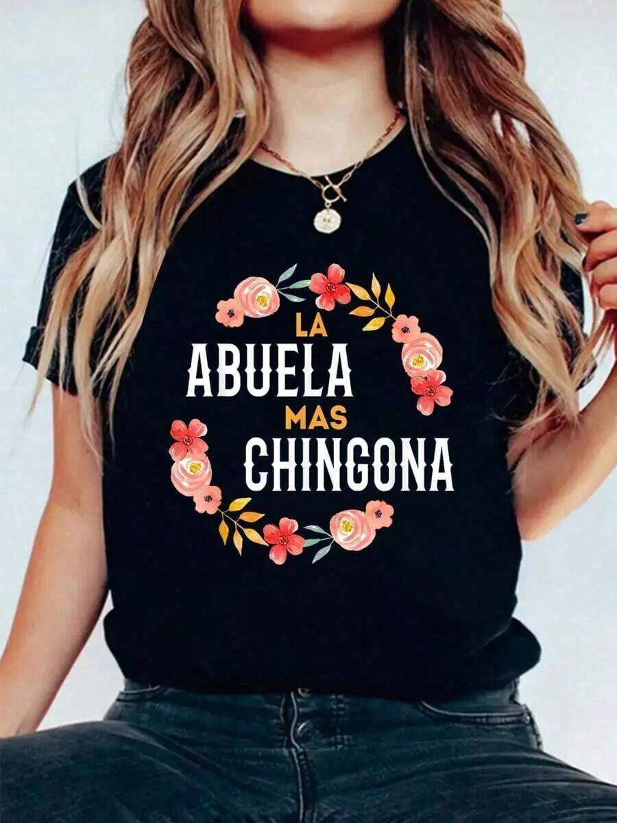 Camisetas Gráficas Coreanas para Mujer, La Abuela Más Chingona, Camiseta con Estampado Floral de Abuela Española, Camiseta Gráfica de Algodón para Mujer, Cuello Redondo, Manga Corta, Camisetas Casuales de Verano, Top de Verano - Negro - Ver 1