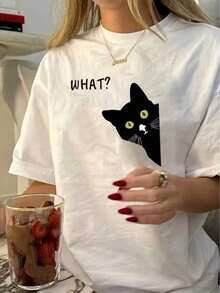 1 Piece [Plus Size] Women's T-Shirt With Graphic Print Of A Funny Black Cat With The Slogan "WHAT", 180g, 100% Cotton - 白色 - 查看 6