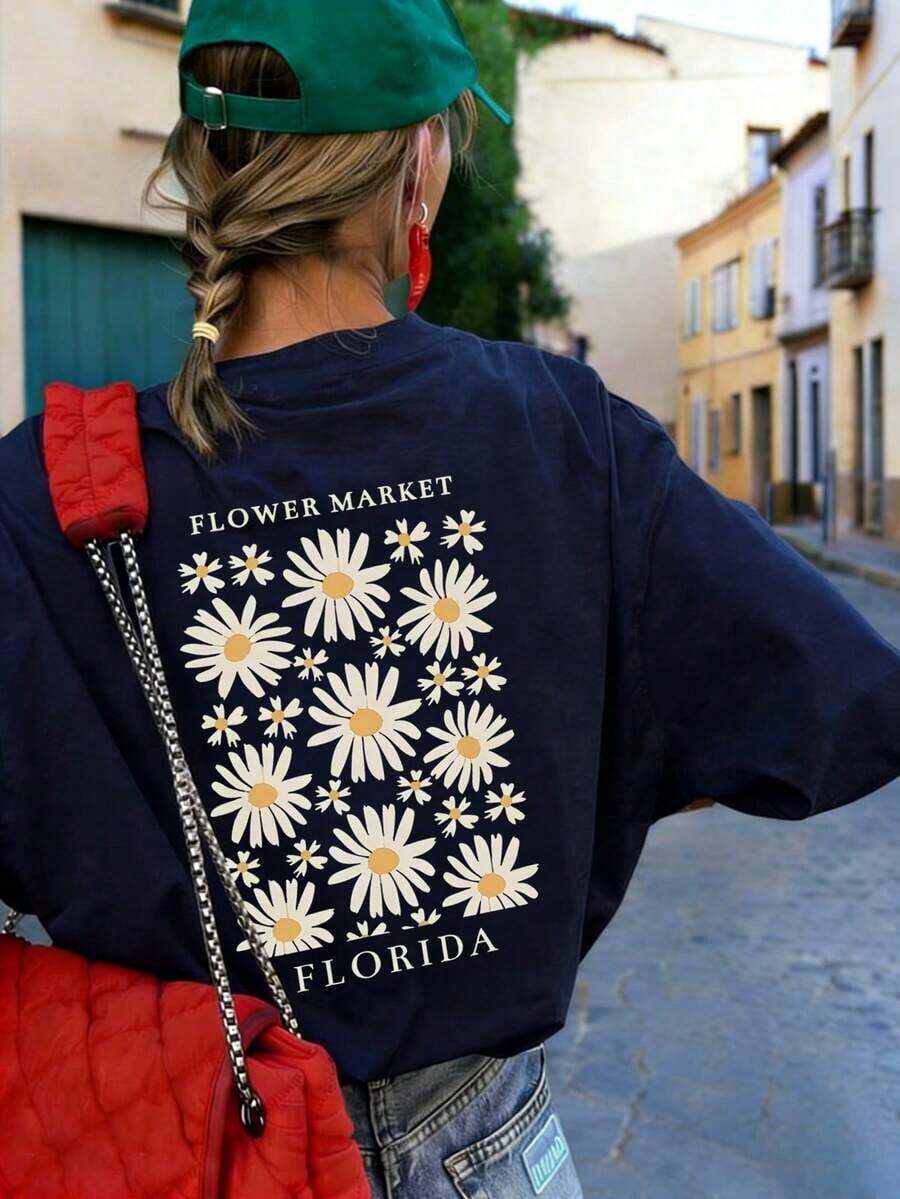 Women's Loose Fit T-Shirt With Sunflower And Letter Print, Short Sleeve And Round Neck, Casual And Modern, Ideal For Spring, Holidays And Outings - 海軍 - 查看 1
