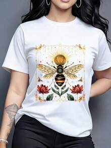 Camiseta de cuello redondo para mujer, estampado de abeja vintage con lotos y líneas decorativas, tonos dorados y rojos, estilo elegante y misterioso - Blanco - Ver 7