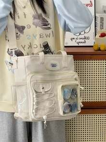 日式可愛徽章展示板 大學生尼龍單肩斜跨包 手提包 高品質學生書包 Ita Bag - 米色 - 查看 5