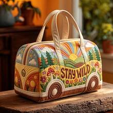 Women Boho Vintage Bus Print Weekender Bag,STAY WILD Slogan Large Capacity Duffel Tote,Colorful Bohemian Travel Bag For Gym Short Trip Overnight - Forest Sun Print - View 10