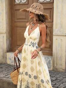 YHHBrillora Vestido largo de vacaciones con estampado geométrico jacquard sin espalda para mujerYHH - Blanco y Negro - Ver 2