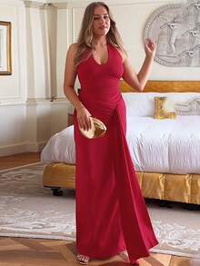 Vestido halter liso con lazos cintura ajustada abertura elegante moda verano para mujer - Rojo - Ver 1