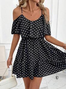 Vestido corto elegante de mujer con cuello en V, volantes, cintura y línea A, con estampado de lunares marrones y hombros descubiertos - Blanco y Negro - Ver 2