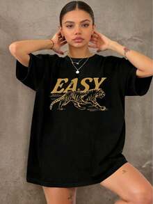 Vintage Retro Tiger T-Shirt, Vintage Tiger T-Shirt With Distressed Effect, Plus Size Retro Tiger T-Shirt, Grunge Boho T-Shirt, Graphic Print T-Shirt, Elegant Party Outfit, T-Shirt For Elegant Ladies, Blouses Suitable For Curvy Women, Prom Skirts, Casual Wear, Adorable Animal Print, Fun Letter Print - 黑色 - 查看 7