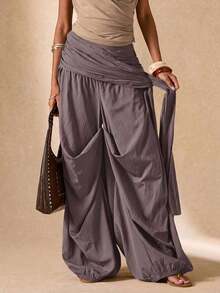 Pantalones sueltos y plisados de unicolor para uso diario de mujer - Morado - Ver 6
