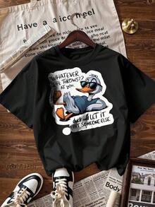Relaxed Duck T-Shirt With "Whatever Life Throws At You" Slogan.  Short-Sleeved T-Shirt For Spring/Summer 2026, Made In Mexico, 180 Grams. Cartoon Print, Couple Design, Suitable For Indoor Or Outdoor Wear. Crew Neck, Unisex, Ideal For The Office And Leisure. One-Pack. - BK-P631577SLNDXZGY378 - 查看 4
