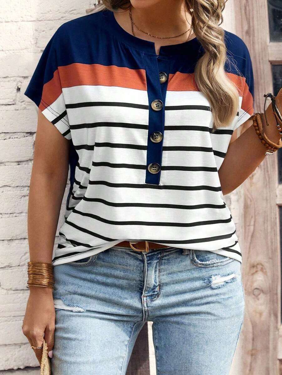 Camiseta de manga corta con cuello en V y estampado floral geométrico de color café oscuro, talla grande, para primavera/otoño - Multicolor 8 - Ver 1