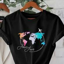 Camiseta de moda de cuello redondo con estampados, etiquetada como ropa de mujer - Negro - Ver 2