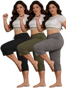 3 Pack Women's High Waisted Drawstring Capri Pants With Pockets, Loose Fit Stretchy Yoga Casual Pants, Tummy Control Hide Belly Slimming Sweatpants For Spring Summer Fall, For Pregnancy Postpartum Curvy Moms, Essential For Home Meditation Walking Light Outdoor Exercise - 黑淺灰軍綠 - 查看 11