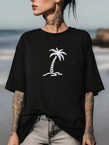 180g Summer Palm Tree Print T-Shirt - Casual Loose Fit T-Shirt For Family Holidays And Team Building Activities - Fun Tropical T-Shirt For Women - Perfect Gift For Her -  Beachwear For Sun Lovers - Unique Holiday Outfit For Men And Women - 黑色 - 查看 7