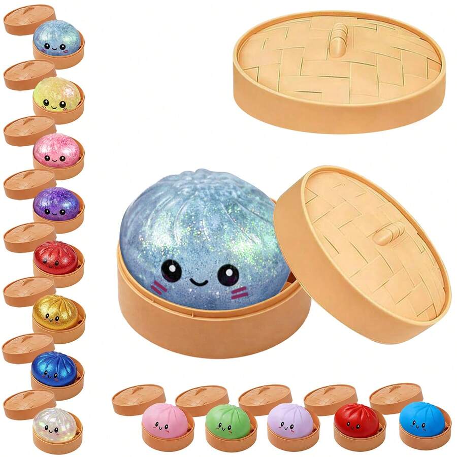 Dumpling Squishy Toy With Steamer Box, Blue Flash Glitter Slow Rising Fidget Squishies, Sensory Toys For Classroom, Stress Relief Anxiety Fidgets For Adults Kids, Kawaii Food Shaped Collectible Squishies, Party Favors, Soft Pinch Gift, Blue Flash - 藍色的光澤 - 查看 1