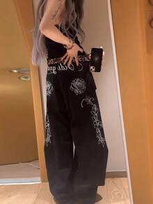 Wide Leg Jeans With Embroidered Letters And Flowers In A Retro American Style, High-Waisted, Loose Fit - 黑色 - 查看 4