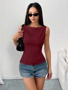Camisa ajustada sin mangas de unicolor con lazo en la espalda, sexy y elegante para uso casual, adecuada para citas, vacaciones, oficina/negocios, primavera/verano - Burdeos 2 - Ver 4