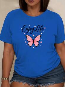 Funny Enjoy Life Printed Butterfly Short Sleeve T-Shirt, Daily Casual Wear, Soft Breathable Polyester Fabric, Medium Stretch, Machine Washable, Women's Apparel, Crew Neck Top, Versatile Daily Blouse,For Summer - 藍色 - 查看 1