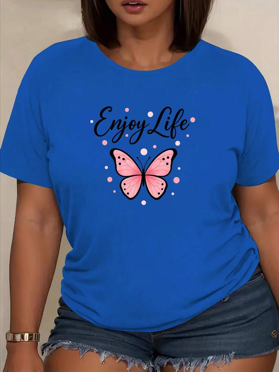 Funny Enjoy Life Printed Butterfly Short Sleeve T-Shirt, Daily Casual Wear, Soft Breathable Polyester Fabric, Medium Stretch, Machine Washable, Women's Apparel, Crew Neck Top, Versatile Daily Blouse,For Summer - 藍色 - 查看 1