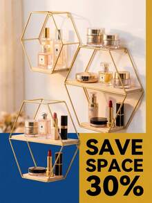 Aesthetic Wall Mounted Storage Rack With Geometric Hexagon Design Nordic Gold Metal Display Stand For Students And Professionals Wall Mounted Floating Home Decor For Bedroom Living Room Study Desk Accessories Room Decor Decorative Style Shelf Decoration Display Stand Home Decor Essentials - 1PC - View 2