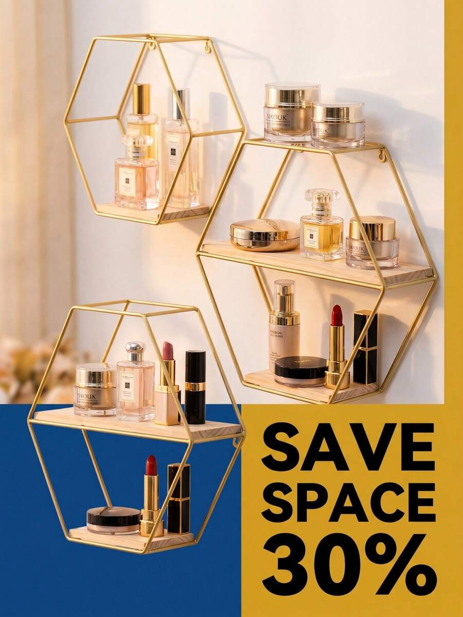Aesthetic Wall Mounted Storage Rack With Geometric Hexagon Design Nordic Gold Metal Display Stand For Students And Professionals Wall Mounted Floating Home Decor For Bedroom Living Room Study Desk Accessories Room Decor Decorative Style Shelf Decoration Display Stand Home Decor Essentials