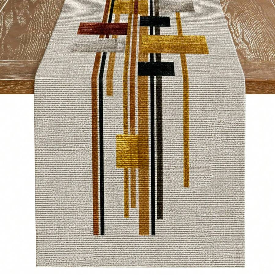 1pc Geometric Striped Plaid Print Table Runner, Modern Abstract Style Suitable For All Seasons, Artistic Linear Print Polyester Tablecloth, Long Stripe Pattern Home Decor, Creative Decoration For Festivals And Gatherings - Beige - View 1