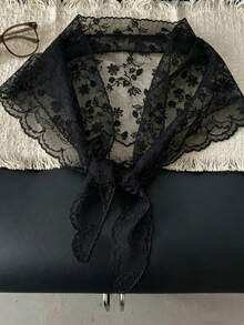 1pc Floral Lace Triangular Scarf, Vintage Embroidered Triangular Scarf, Women's French Decorative Sheer Lace Triangular Neck Scarf, Elegant Shirt Accessory - Solid Color Floral Triangular Scarf - View 4